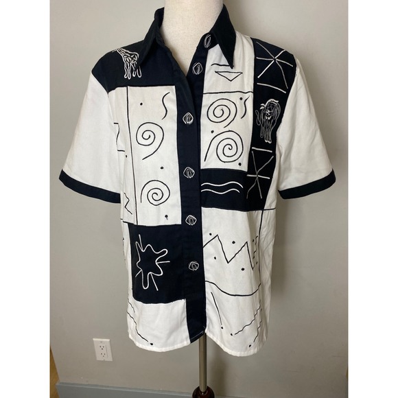 JG Petite Collection by Joyce Tops - Vintage JG Petite by Joyce 90s Abstract Embroidered Shirt Black White Colorblock